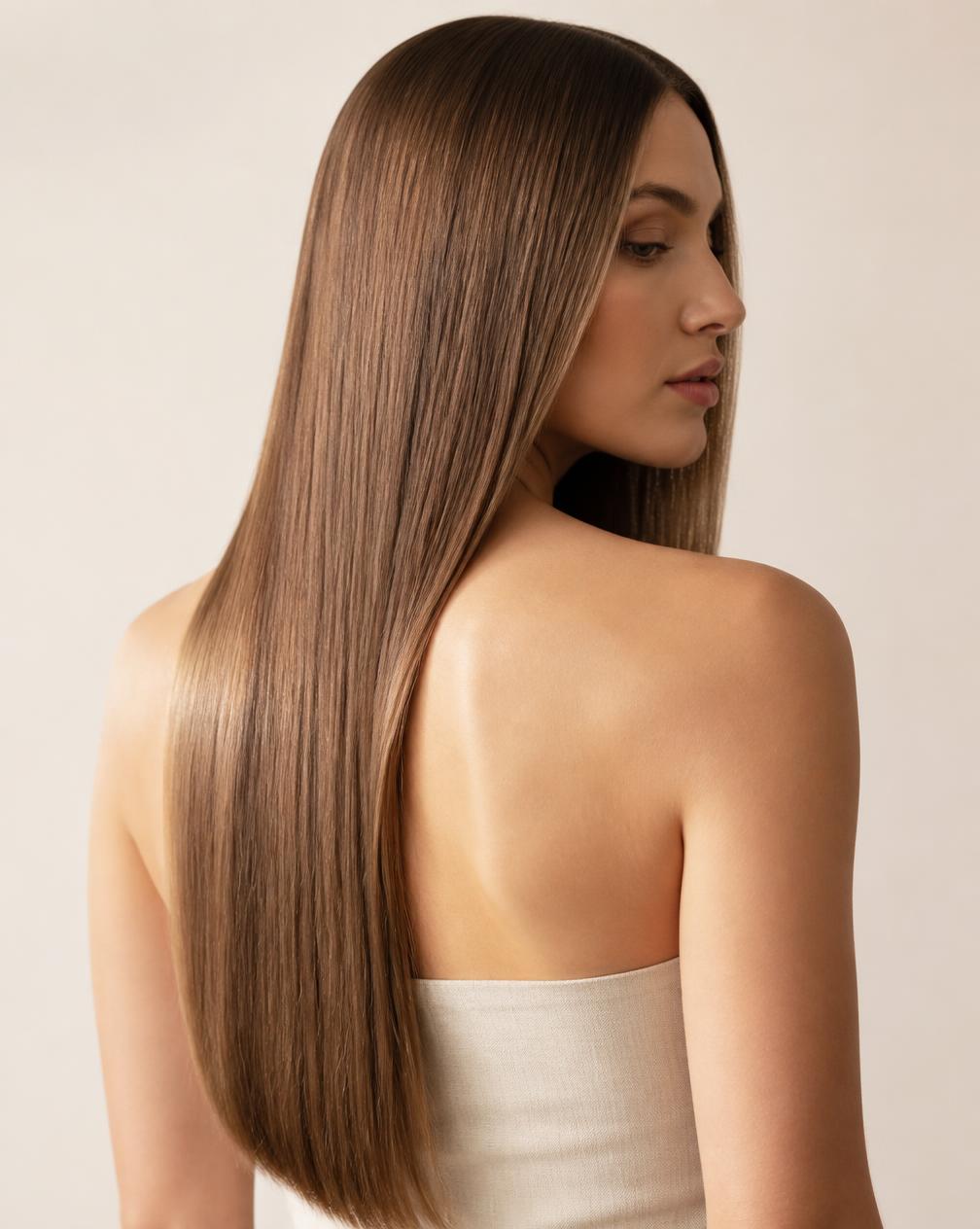 Smooth, sleek, polished straight hair after styling